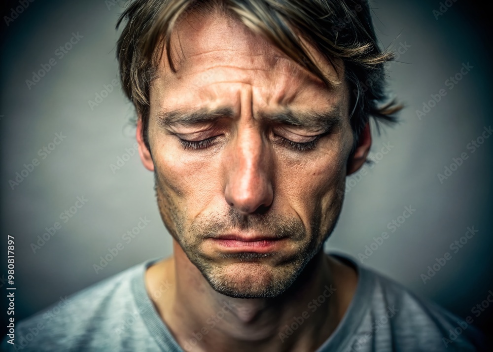 A worn-out, anxious face with furrowed brows and closed eyes, conveys exhaustion and overwhelm, as if about to