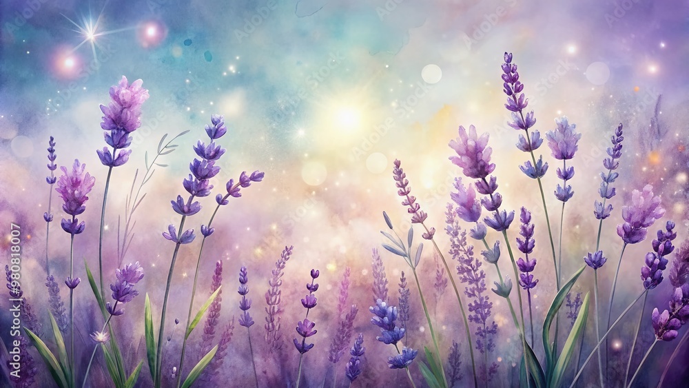 Obraz premium Soft, delicate watercolor illustration of purple lavender flowers on a dreamy, whimsical background, perfect for weddings, birthdays, or greeting cards, with ample copy space.