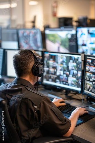 An operator monitors multiple screens in a control room, assessing activities and communications during a busy workday