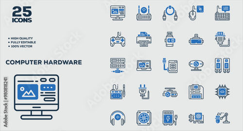 Set of 50 outline icons related to Computer Hardware. Linear icon collection. Editable stroke. Vector illustration