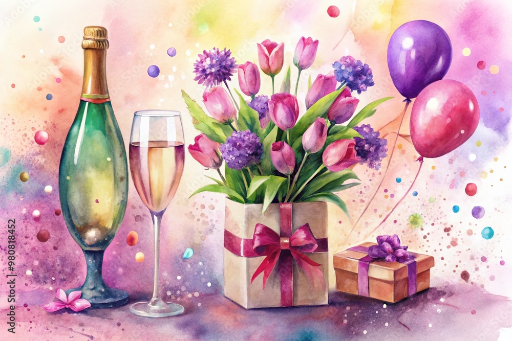 Obraz premium Vibrant watercolor background features an isolated bouquet of purple flowers, champagne bottle, and balloons amidst confetti, pink gift box, and painted wine glasses with festive shadows.