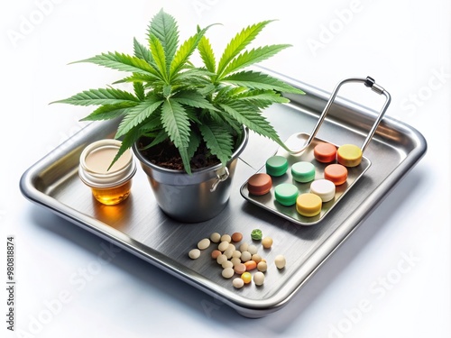 A hospital table with a small potted medical marijuana plant, various medicines, health pills, and a prescription pad for a doctor's cannabis treatment script. photo