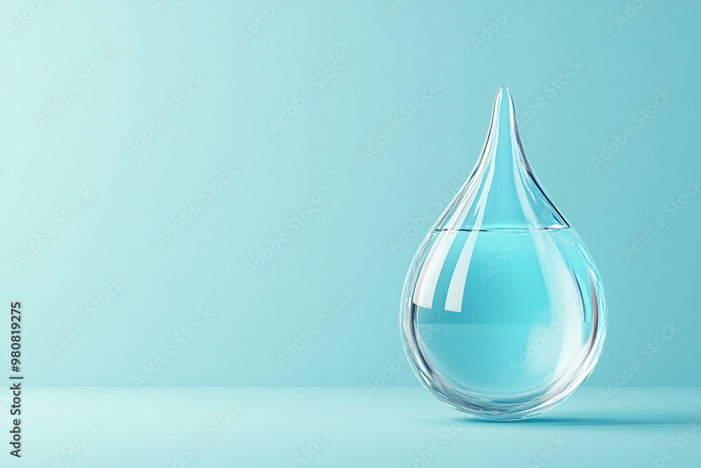 Large drop of liquid water, oil, rain on blue background. Macro water drop falling on water. Cosmetic moisturizing concept. Save clean water, ecology concept Water conservation Large drop of liquid water, oil, rain on blue background. Macro water drop falling on water. Cosmetic moisturizing concept. Save clean water, ecology concept Water conservation