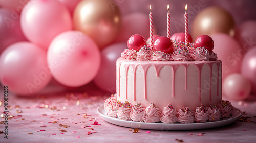 A delightful pink birthday cake adorned with candles, balloons, and confetti, perfect for celebratory occasions. photo