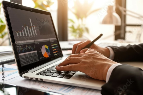 Businessman working on a laptop with financial charts and graphs on screen. Office workspace with data analysis.