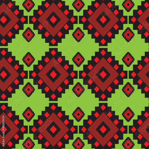 PrintOrange Geometric on Green ethnic oriental pattern traditional Design for backgroundcarpetwallpaperclothingwrappingBatikfabric vector illustration embroidery style photo