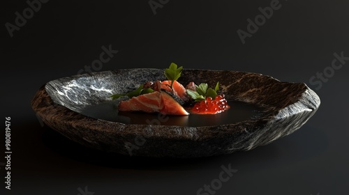 Create a photorealistic 3D rendering of a gourmet dish, highlighting the textures, colors, and presentation that make it look mouthwateringly delicious. photo