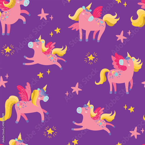 Childrens Magic seamless pattern. Cute ornament with unicorns among stars. Cute baby background for a girl. Vector texture for kids bedding, fabric, wallpaper, wrapping paper, textile, t-shirt.