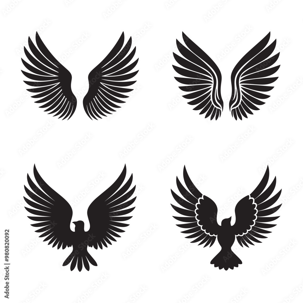 Fototapeta premium Bird wings silhouette set black color vector illustration