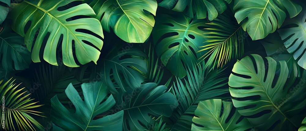 Lush Green Tropical Foliage Abstract Background with Monstera Leaves and Palm Fronds Lush Green Tropical Foliage Abstract Background with Monstera Leaves and Palm Fronds