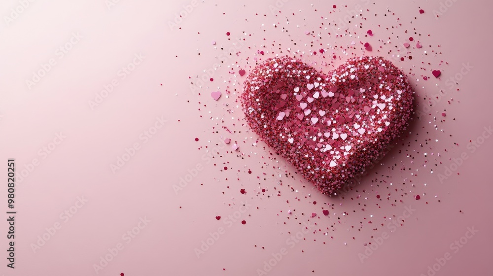 Shimmering pink heart-shaped glitter decoration on a soft pastel background Shimmering pink heart-shaped glitter decoration on a soft pastel background