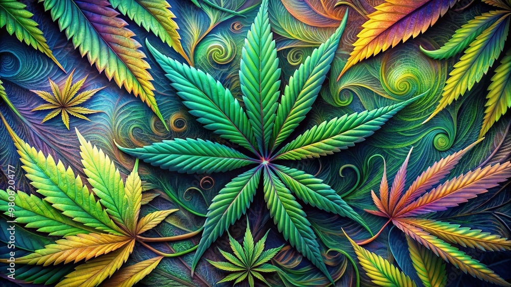 Vibrant, swirling patterns of iridescent colors envelop lush, green cannabis leaves, transporting viewers to a fantastical realm of surrealistic beauty and psychoactive wonder. Vibrant, swirling patterns of iridescent colors envelop lush, green cannabis leaves, transporting viewers to a fantastical realm of surrealistic beauty and psychoactive wonder.
