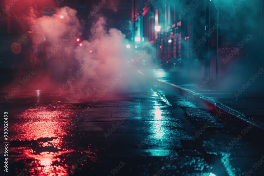 Empty urban street at night with neon lights and smoke. Atmospheric cityscape with reflections on wet pavement.