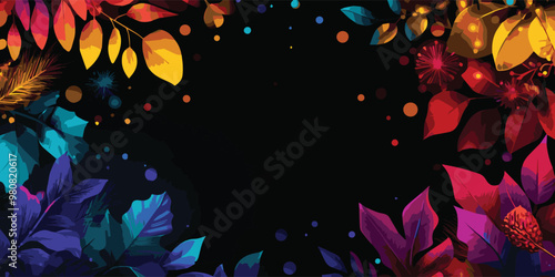 Stunning blend of colorful leaves and dynamic shapes, artistic design encapsulates natures beauty, set against an enigmatic black backdrop to enhance its vivid hues