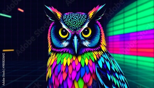 A colorful, psychedelic owl with vibrant feathers