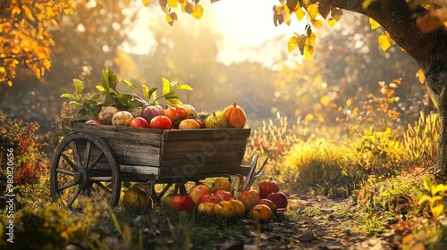 Create an image of a vintage garden cart loaded with autumn tools and harvest produce, positioned in a sunlit meadow with fall foliage all around. photo