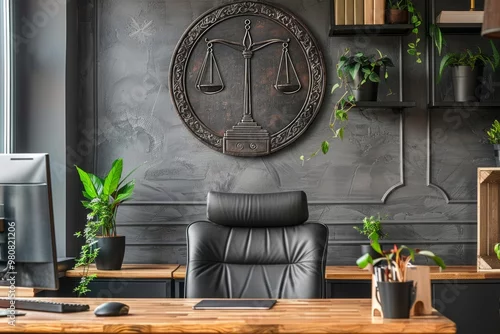 Fototapeta samoprzylepna Modern office space with leather chair and justice scale decor, featuring plants and wooden desk during daylight hours