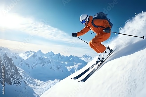 A skier in an orange suit speeds down a mountainside, leaving a trail of snow behind them.