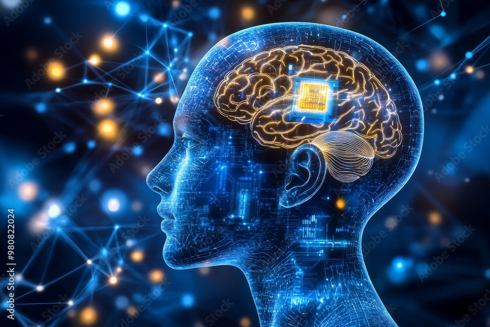 Digital depiction of a glowing blue brain surrounded by synaptic connections and data streams symbolizing advanced neural enhancement and the role of artificial intelligence in cognitive evolution Digital depiction of a glowing blue brain surrounded by synaptic connections and data streams symbolizing advanced neural enhancement and the role of artificial intelligence in cognitive evolution
