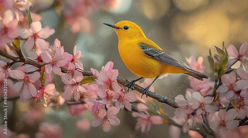 A bright yellow bird perched on a branch with pink blossoms in the sunlight. A bright yellow bird perched on a branch with pink blossoms in the sunlight.