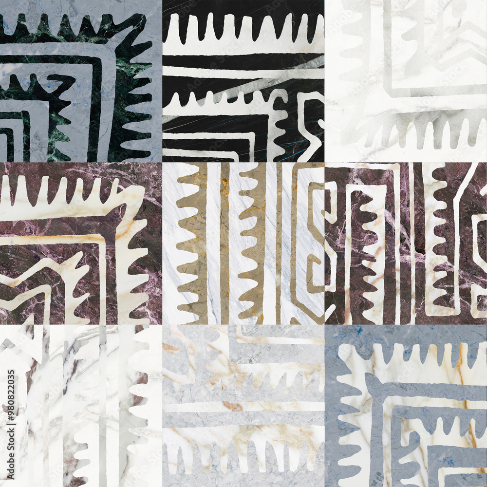 Obraz premium Creative patchwork pattern stone ceramic wallpaper design. White marble