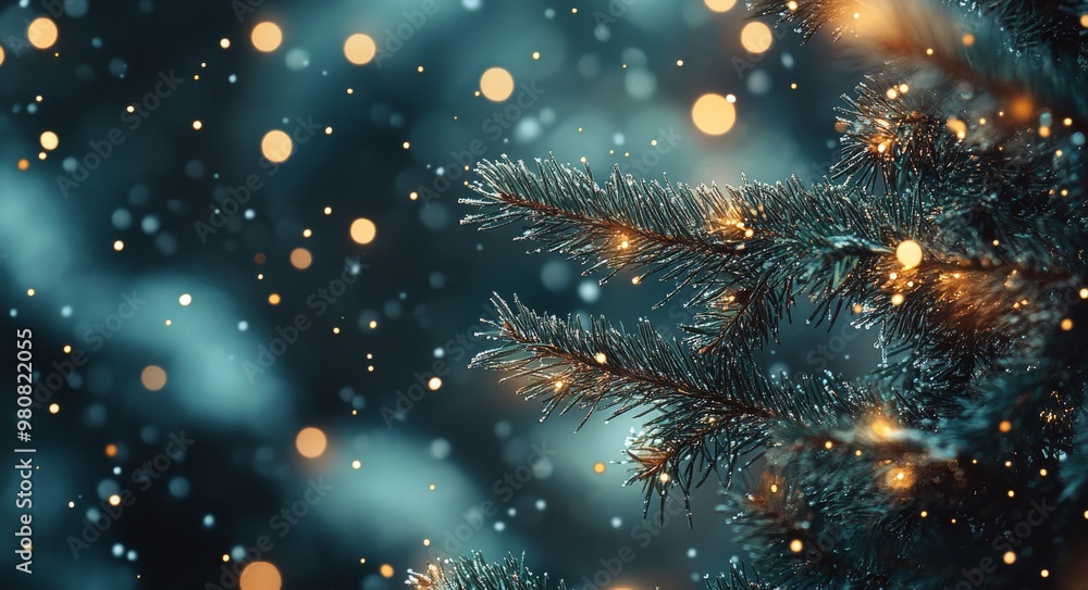 Fototapeta premium Delicate Christmas tree branch covered in frost with soft golden bokeh in a winter evening setting