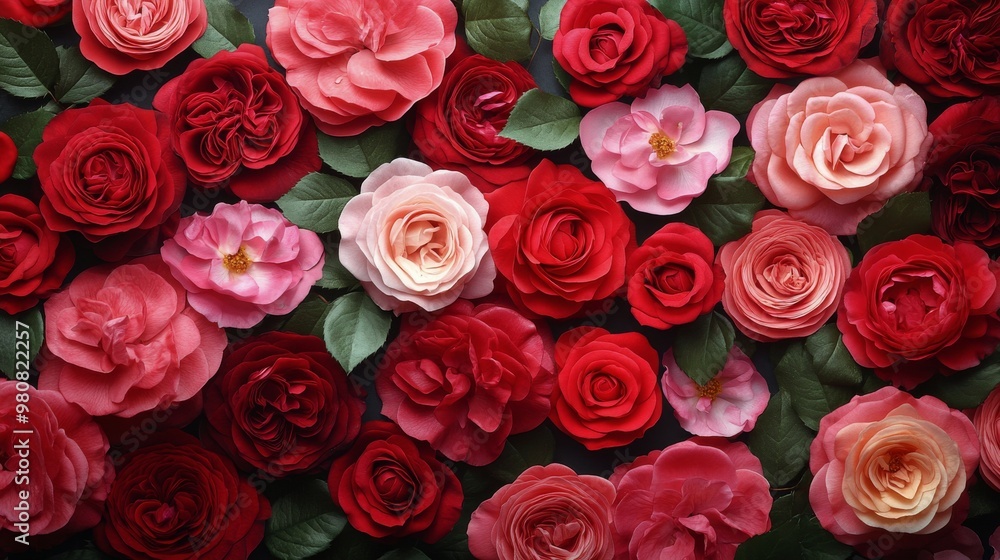 Naklejka premium A vibrant display of red and pink roses arranged beautifully on a dark background