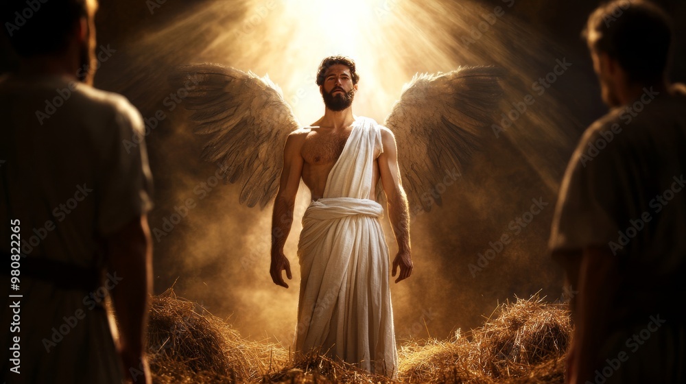 Angel announcing the birth of Jesus to shepherds in a field, with radiant light and a sense of awe, early morning mist Angel announcing the birth of Jesus to shepherds in a field, with radiant light and a sense of awe, early morning mist