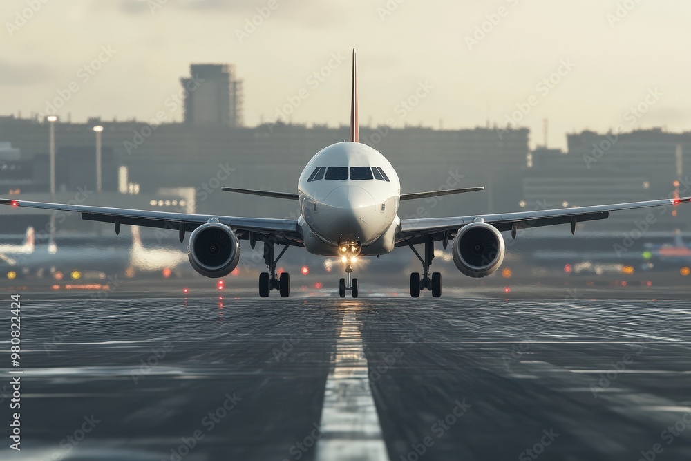A Majestic Airline Preparing for Takeoff on a Bustling Airport Tarmac Amidst a Hazy Dawn A Majestic Airline Preparing for Takeoff on a Bustling Airport Tarmac Amidst a Hazy Dawn