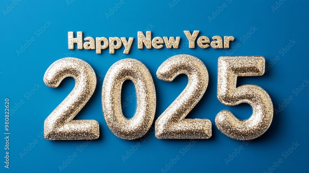 Artistic typography of Happy New Year 2025 with sparkling gold and silver elements on a deep blue background Artistic typography of Happy New Year 2025 with sparkling gold and silver elements on a deep blue background