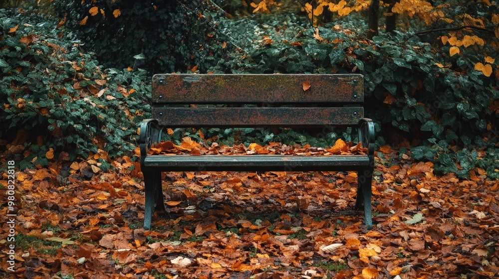 Depict an empty, weathered bench in a quiet garden surrounded by a sea of autumn leaves, conveying a feeling of isolation and calm. Depict an empty, weathered bench in a quiet garden surrounded by a sea of autumn leaves, conveying a feeling of isolation and calm.