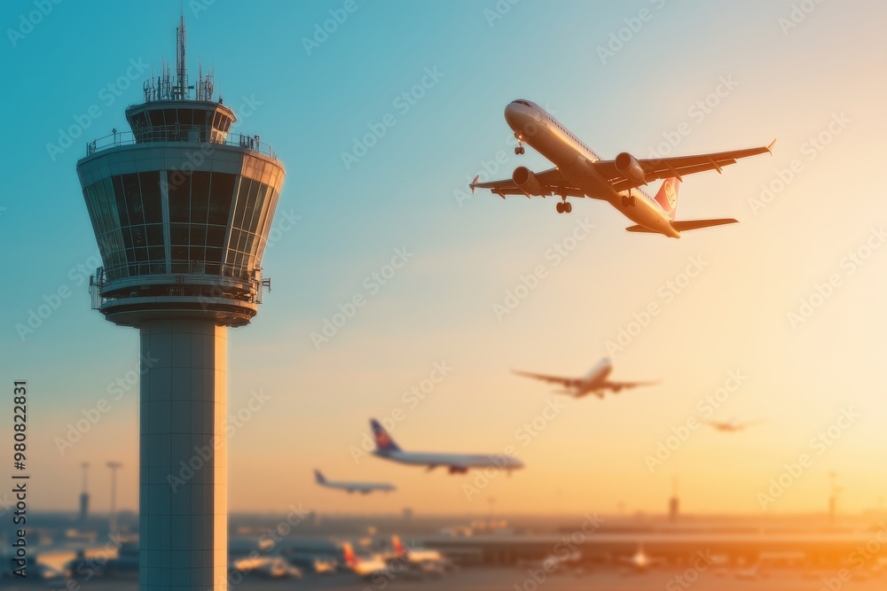 Captivating View of an Airport Control Tower Overseeing a Sunset Flight Takeoff Captivating View of an Airport Control Tower Overseeing a Sunset Flight Takeoff