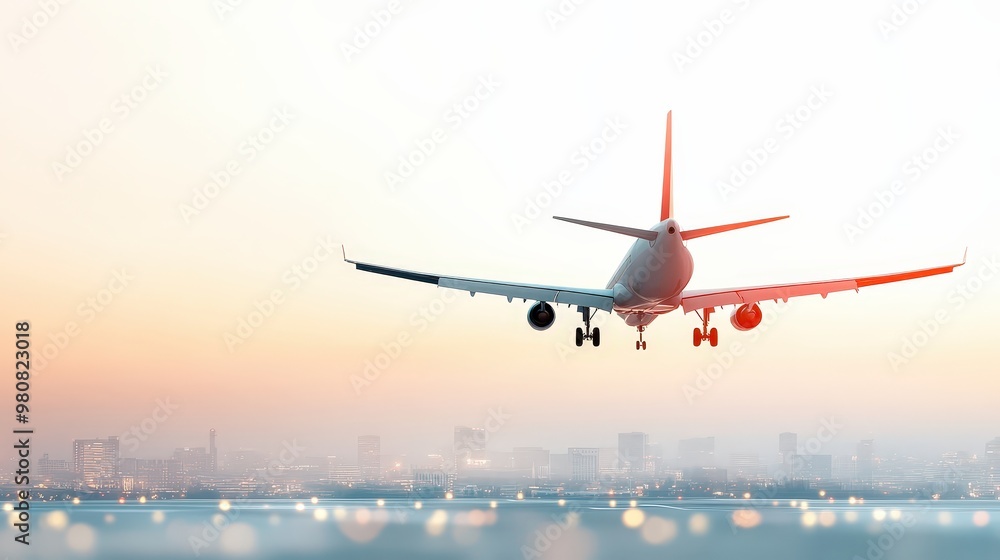 A stunning view of a commercial airplane preparing for takeoff against a beautiful skyline backdrop. A stunning view of a commercial airplane preparing for takeoff against a beautiful skyline backdrop.