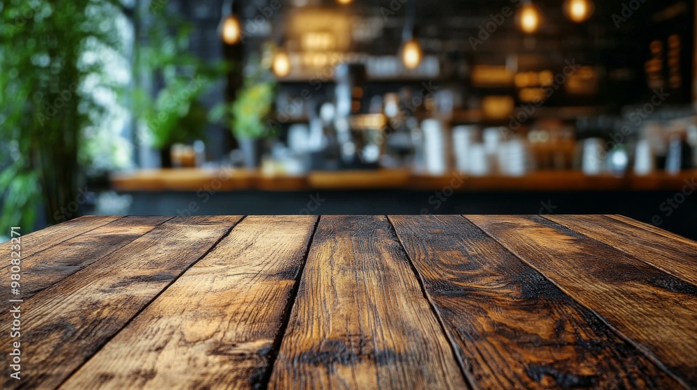 Rustic wooden table in a warm caf setting with blurred background details Rustic wooden table in a warm caf setting with blurred background details