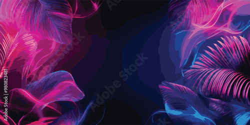 Dive into mesmerizing world of vivid colors, where lush tropical leaves intertwine in shades of pink and blue against dark backdrop, creating sense of tranquil paradise