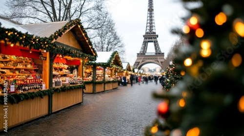Bustling Christmas market in front of the Eiffel Tower, with festive stalls, twinkling lights, and a giant Christmas tree 