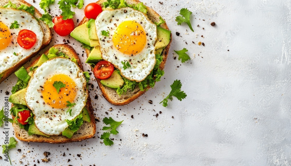Three Avocado Toasts with Fried Eggs Tomato on the Table, Healthy Breakfast or Lunch, Top View Three Avocado Toasts with Fried Eggs Tomato on the Table, Healthy Breakfast or Lunch, Top View