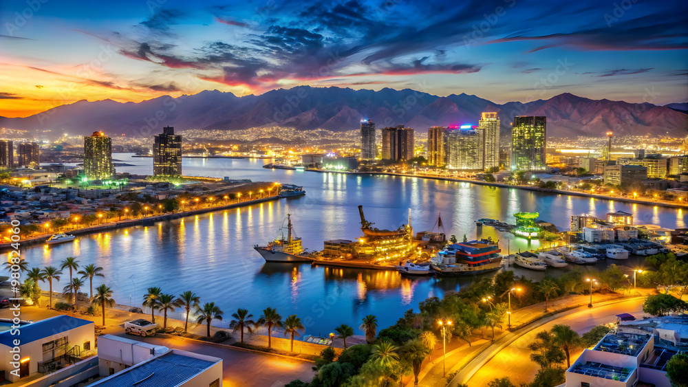 Fototapeta premium Busy port with vibrant sunset over the city, showcasing contrasting elements. Vibrant cityscape at night, with towering cranes and industrial infrastructure.
