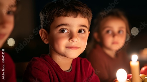 Children listening to stories told by grandparents on Yalda Night, sitting around a spread of fruits, nuts, and flickering candlelight 