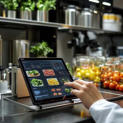 Close-up of a hand using a tablet in a commercial kitchen setting.