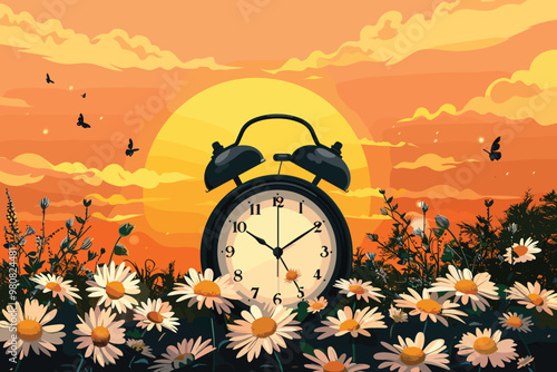 spring time with alarm clock and artificial flowers bouquet background