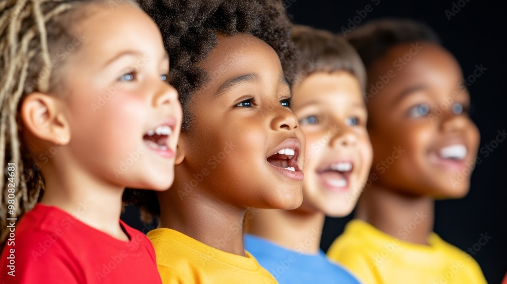 Children's choir singing songs of peace and freedom during a Human Rights Day event, with a diverse audience smiling and clapping Children's choir singing songs of peace and freedom during a Human Rights Day event, with a diverse audience smiling and clapping