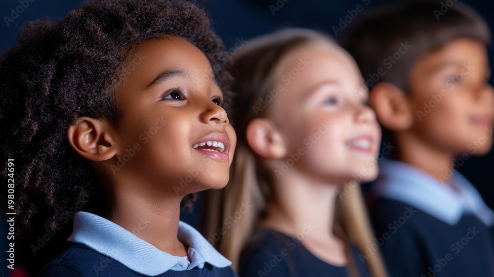 Children's choir singing songs of peace and freedom during a Human Rights Day event, with a diverse audience smiling and clapping Children's choir singing songs of peace and freedom during a Human Rights Day event, with a diverse audience smiling and clapping