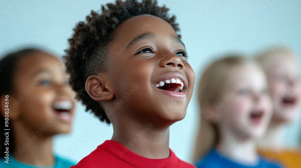 Children's choir singing songs of peace and freedom during a Human Rights Day event, with a diverse audience smiling and clapping Children's choir singing songs of peace and freedom during a Human Rights Day event, with a diverse audience smiling and clapping