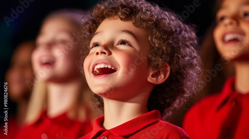 Children's choir singing songs of peace and freedom during a Human Rights Day event, with a diverse audience smiling and clapping 