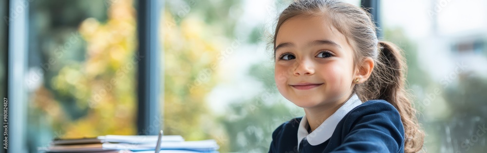 Smiling Schoolgirl Writing in Notebook at Desk Smiling Schoolgirl Writing in Notebook at Desk