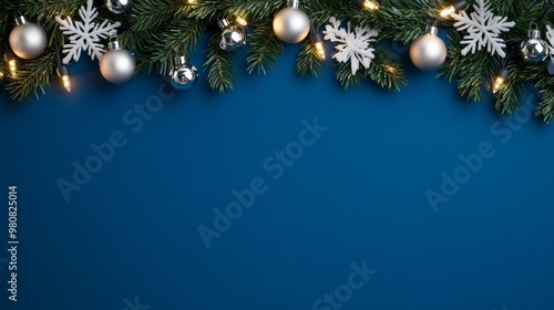 Christmas garland adorned with tiny silver bells, white snowflakes, and warm twinkling lights on a deep blue background 