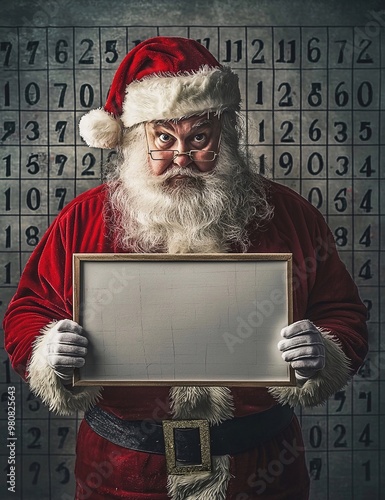 Babbo Natale che tiene in mano una lavagna bianca, sfondo con calendario. Ampio spazio per messaggi e auguri personalizzati. photo