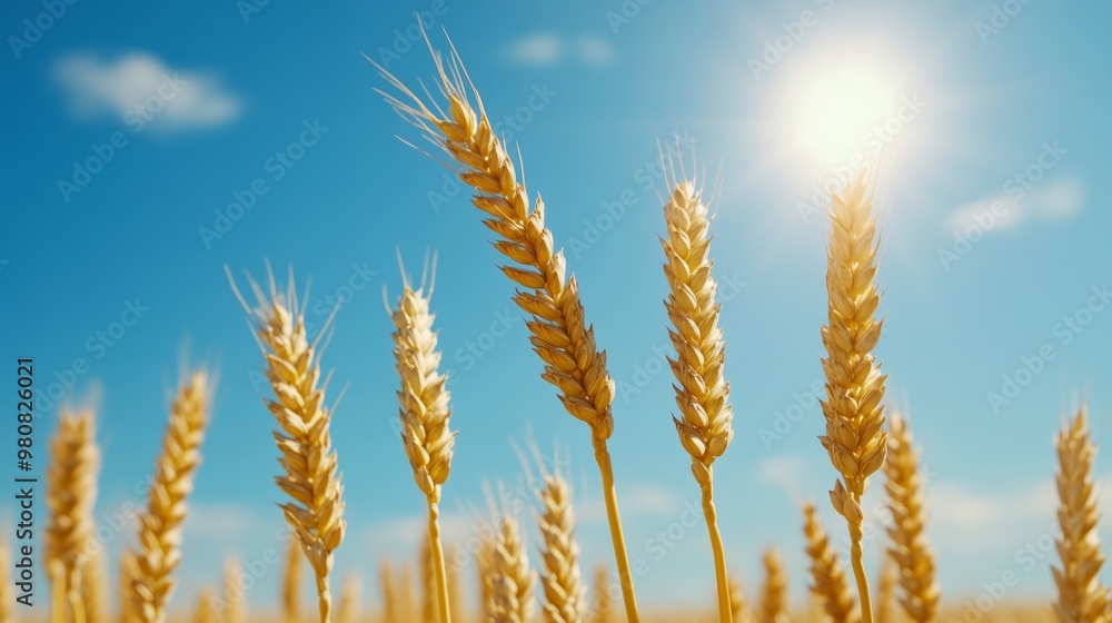 Close-up of golden wheat ears swaying gently in the wind under a bright blue sky, sun shining in the background Close-up of golden wheat ears swaying gently in the wind under a bright blue sky, sun shining in the background