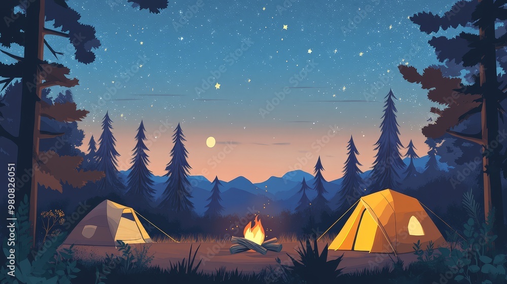 Friends enjoy a camping adventure by setting up their tents in a scenic forest clearing. Friends enjoy a camping adventure by setting up their tents in a scenic forest clearing.
